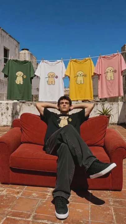 SUBJECT: A young man with short dark hair lounging...